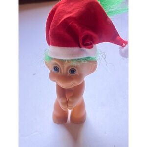 Vintage Christmas Troll Doll Green Hair Red Santa Hat Collectible Toy